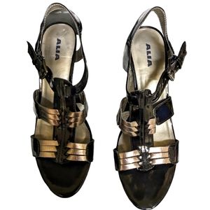 Alia black & silver dressy or casual sling back sandals with 3" chunky heels.